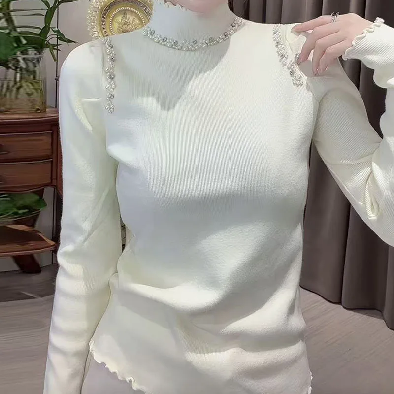 

New Long Sleeve Beading Knitted Sweater Women Pullovers White Turtleneck Knit Sweater Pullover Women Tops Sueter Feminino Q2072