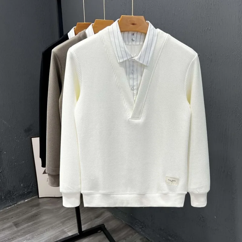 

Men's Casual Pullover Sweaters Patchwork Stripes Lightweight Business Tops Fashion Fake Two Pieces Shirt Collar Knitted Sweaters