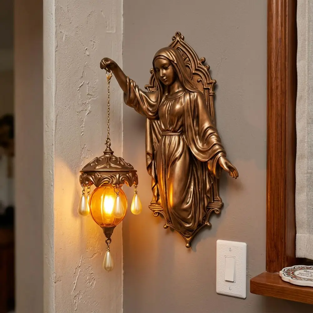 Vintage Religious Figure Led Wall Lamp Resin Church Style Christ Themed Lamp Soft Light Crystal Pendant Hanging Lantern