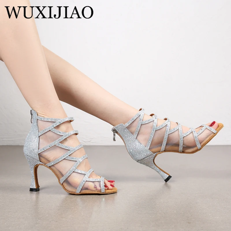 

WUXIJIAO Latin Dance Shoes Gold Silver Black Ballroom Dance Shoes Platform New Wide Party Square Shoes Women's High Heels