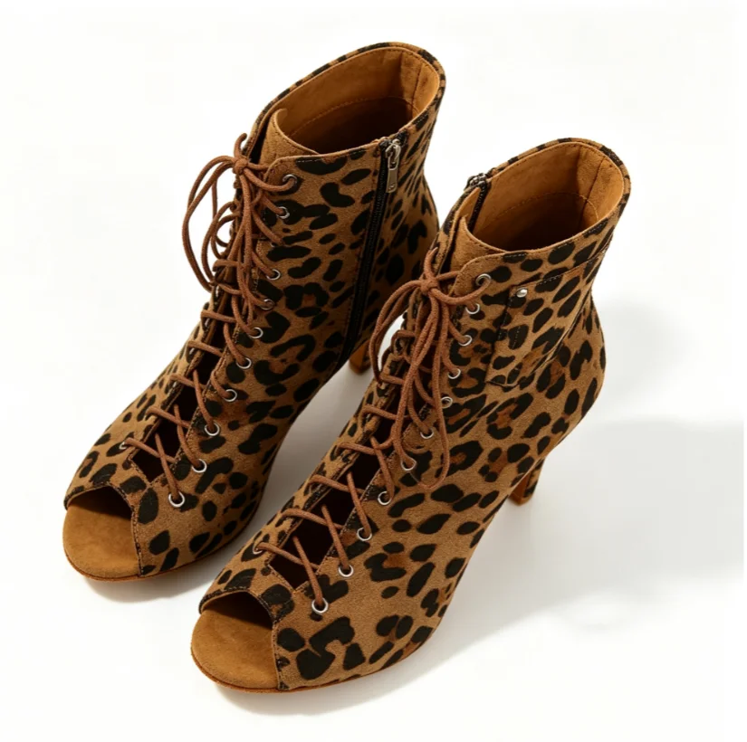 Evk Women Leopard Print Dance Boots Peep Toe Dance Sandals Front Lace‑Up Side Zipper Suede Latin Salsa Ballroom Dance Booties