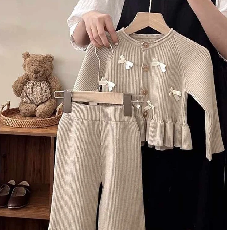 Korean Children Clothing Girls Set Spring and Autumn New Stylish and Fashionable Bow Tie Lace Knitted Cardigan Long Sleeved Top