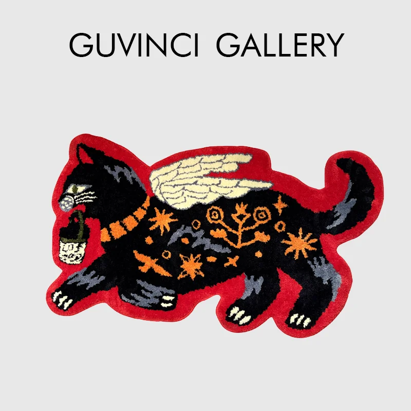 GUVINCI GG Style Retro Black Cat Carpet Floor Mat Luxury Hand Tufted Rugs Vintage Decorative Door Mat Machine Washable 60x100cm