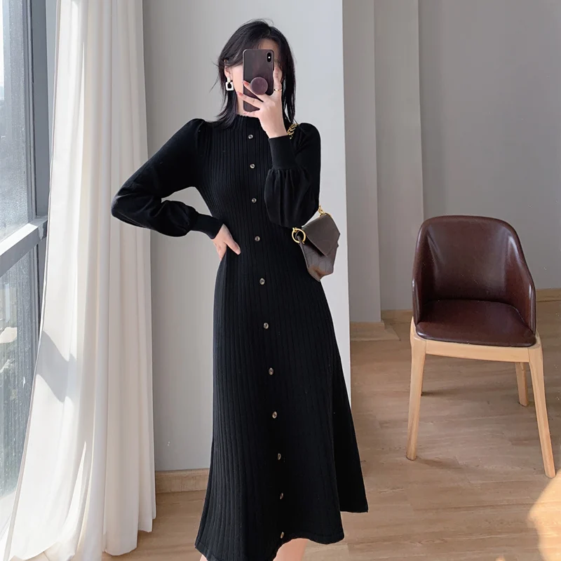 Knitted Dress For Women Elegant Turtleneck Long Lantern Sleeve Single Breasted Loose Vestidos Fashion 2024 Office Lady Knit Robe