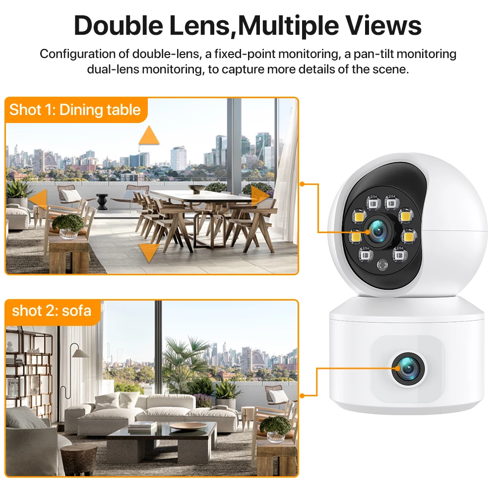 WONSDA HD Dual Lens 2.4GHz WIFI IP Camera Indoor Dual Screen Home Monitor AI Human Detection Mini Camera Security Surveillance