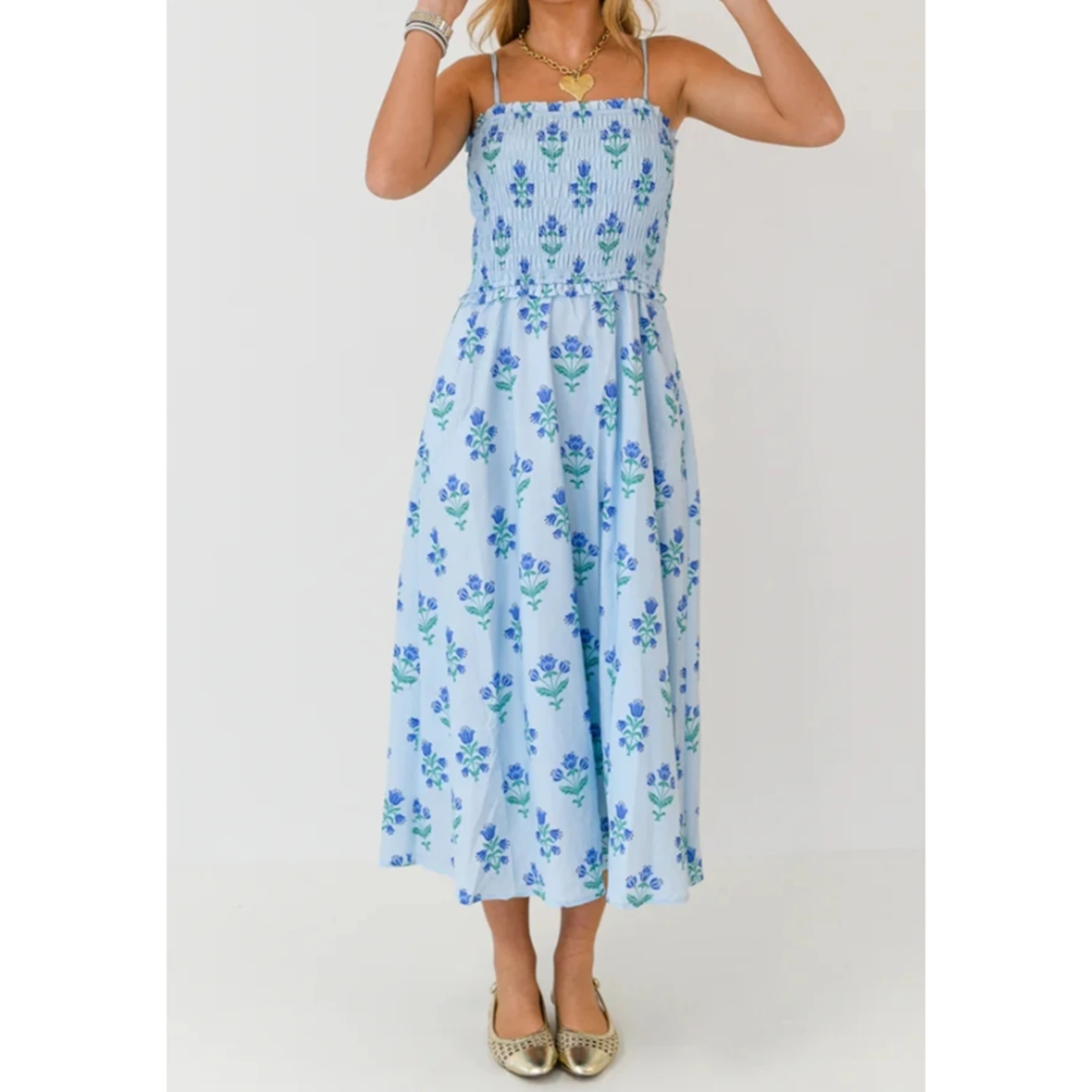 Abito da donna con cinturino per spaghetti drappeggiato per le vacanze Elegante abito lungo senza maniche smock con stampa floreale con volant Abito primaverile estivo