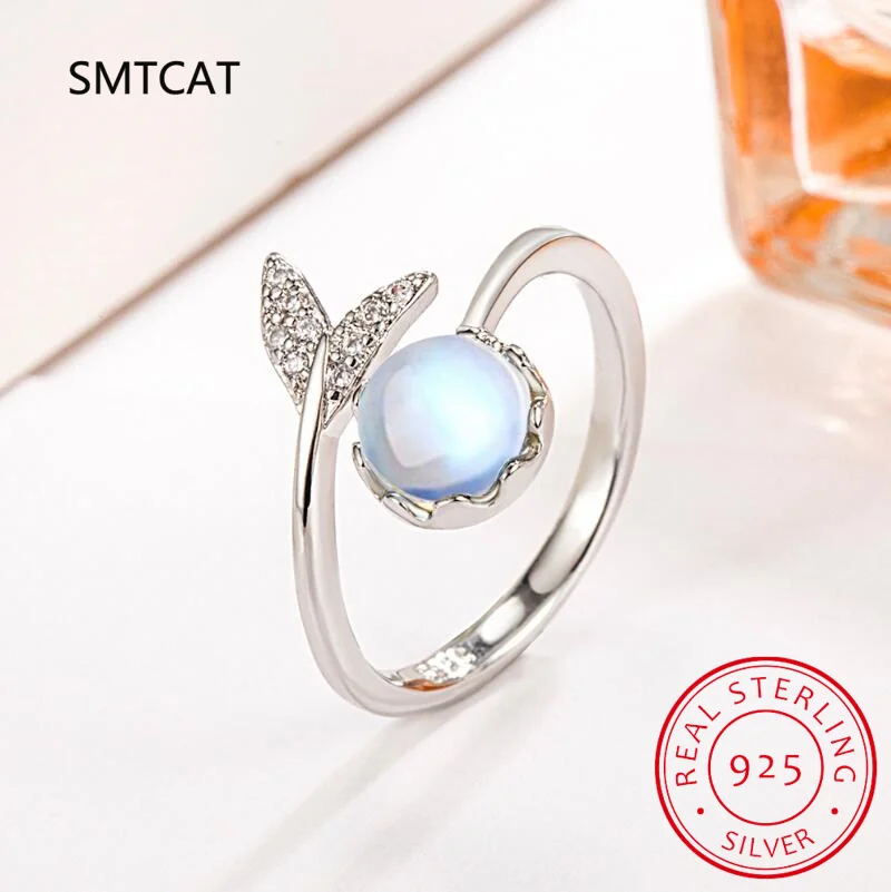925 Sterling Silver Cute Fish Tail Mermaid Moonstone Personality Adjustable Ring Fine Jewelry For Women Party Elegant Accessorie