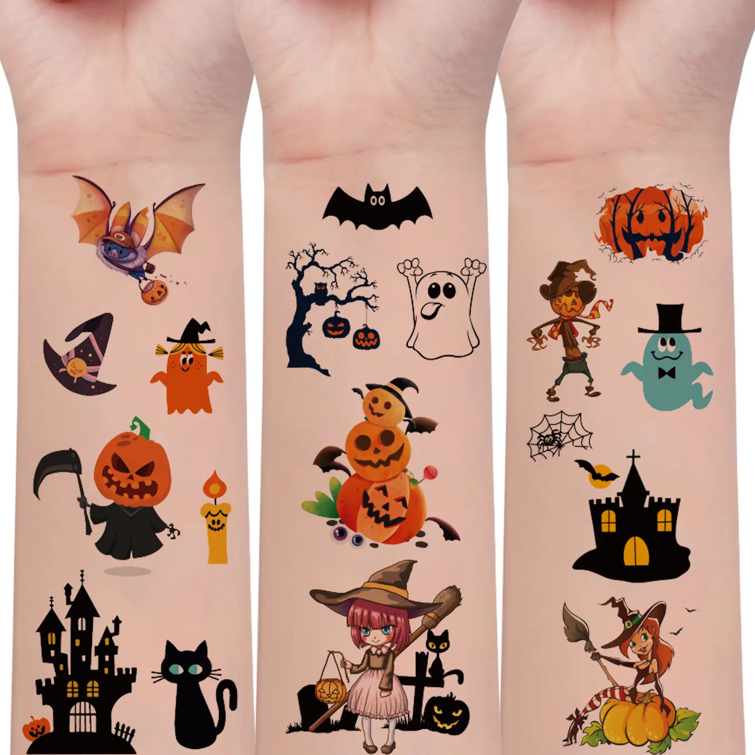 10Sheets Festive Halloween Temporary Tattoos Sticker: 130 Spooky Elements - Pumpkins, Ghosts, Witches, Vampires, Bats, Skeletons