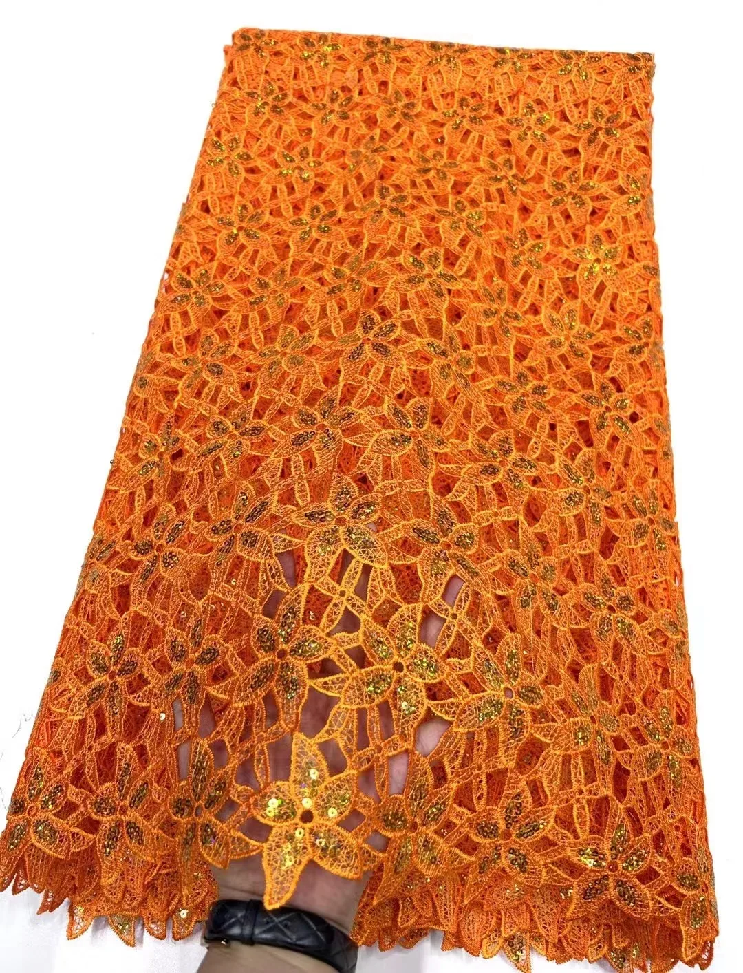 

Orange African Lace Fabric 2023 High Quality Water Soluble French Cord Lace Fabric with Sequins Lace Sewing Materials 5 Yards