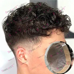 Tupé rizado de 20mm para hombres, pelucas de cabello 100% humano, súper duradero, Mono, negro, marrón, prótesis capilar masculina, sistema de reemplazo de cabello