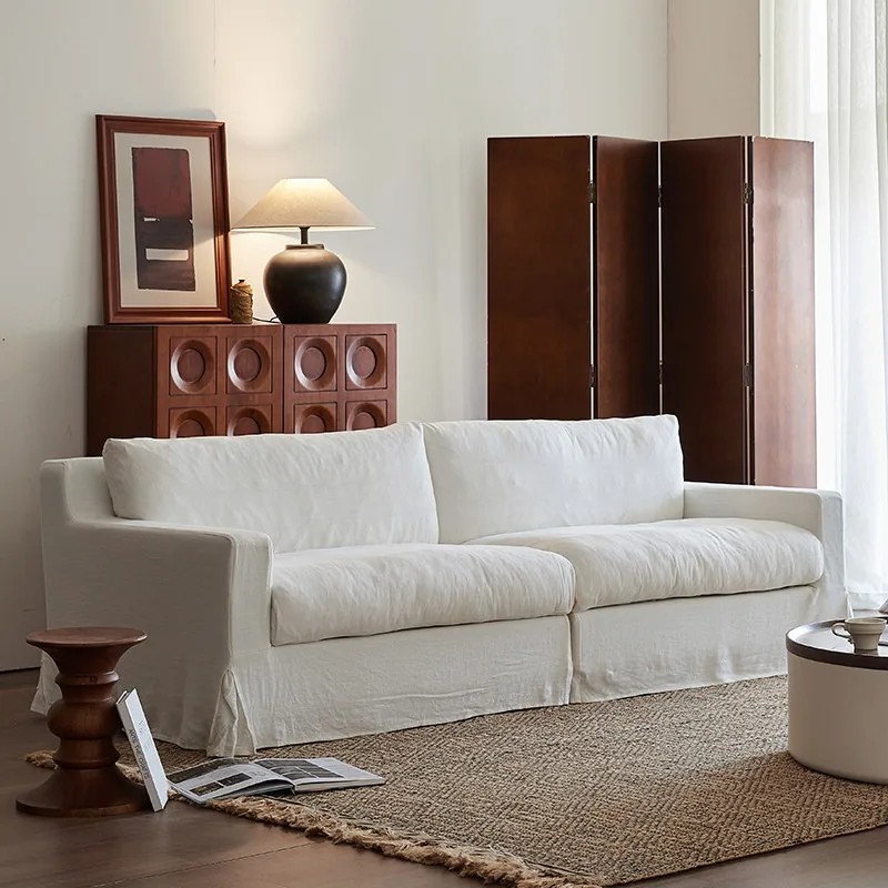 Wabi Sabi Style Linen Fabric Multi Seat Straight Sofa for Japanese Style Homes Removable Washable Rammed Earth Color Nordic