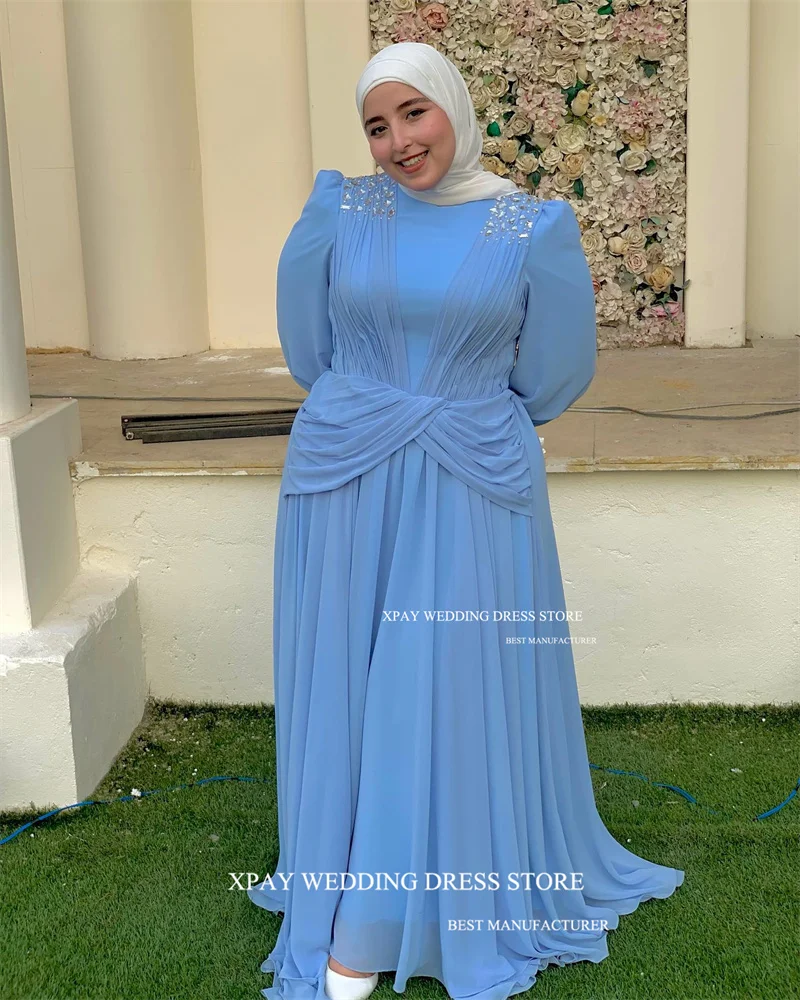 XPAY Modest Light Blue Chiffon Muslim Arabic Women Evening Dresses Puff Long Sleeves Crystal Pleats Formal prom Gowns Plus Size