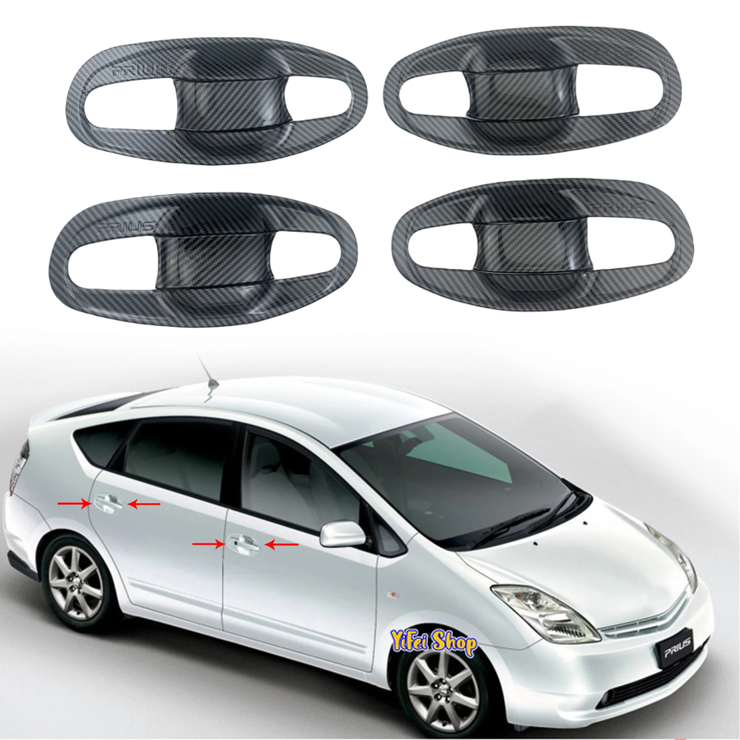 

Chrome Car Accessories Carbon Door Handle Bowl Covers Trim Paste Style 2003 2004 2005 2006 2007 2008 For Toyota Prius MK2 XW20