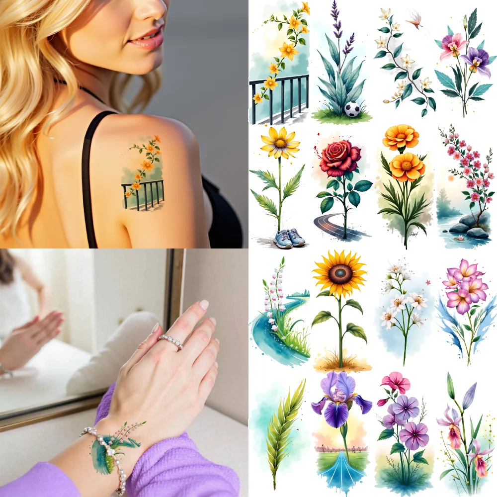 

9pcs Temporary Tattoo Botanical Illustrations Temporary Tattoo Stickers Floral Designs Watercolor For Ladies Arms Children