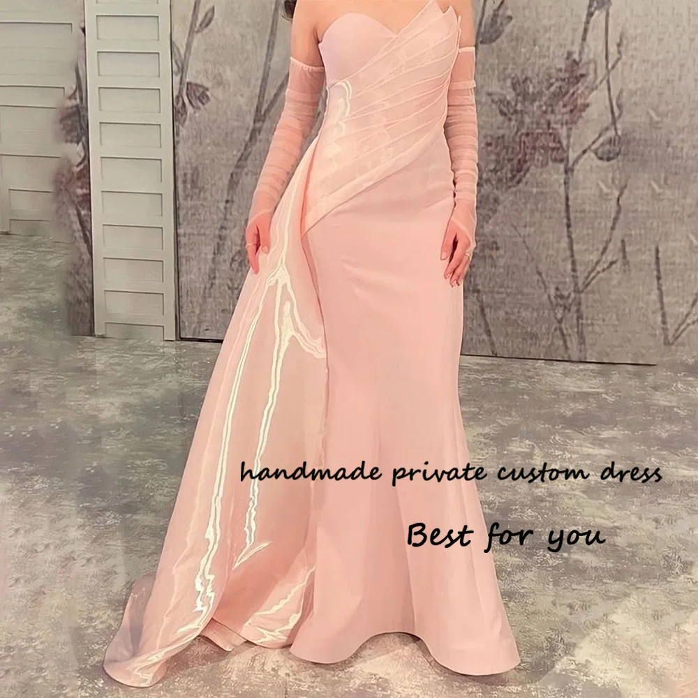 

Pink Mermaid Evening Dresses Pleats Sweetheart Arabic Dubai Prom Dress with Train Celebrate Event Gowns Floor Length