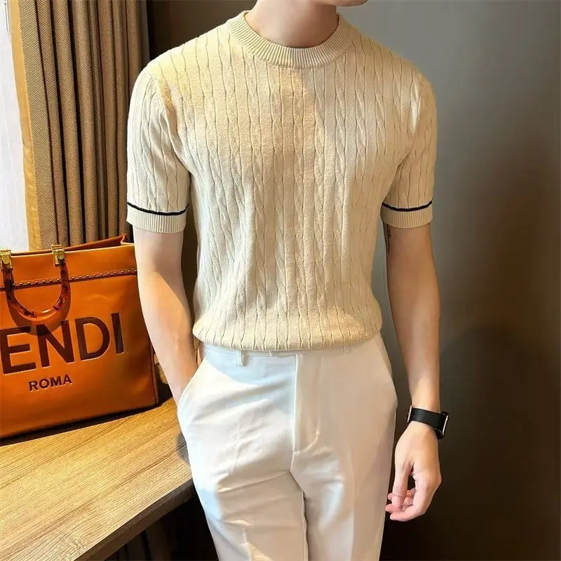 Summer men's round neck short sleeved knit T-shirt half sleeved ice silk woven new style T-shirt trend Korean version top