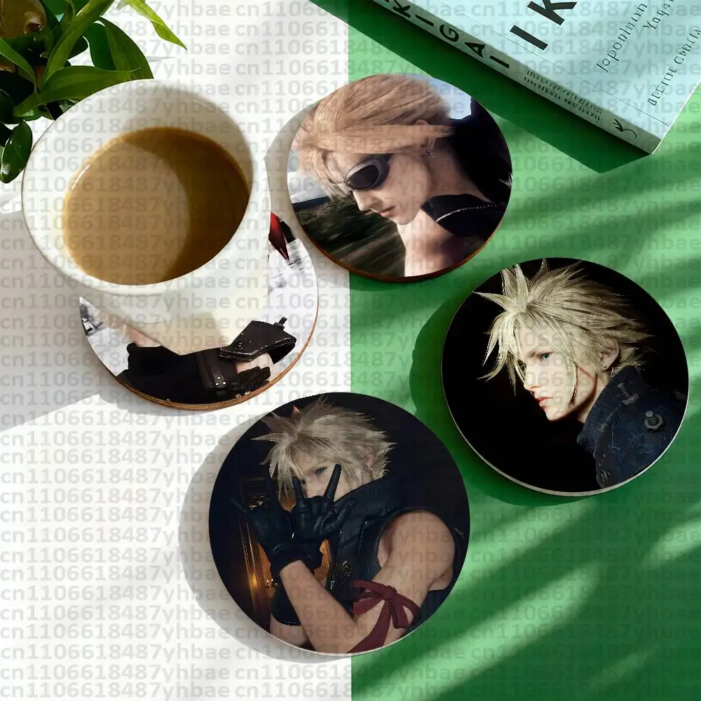 F-Final Fantasy VII Cloud Round Wooden Coasters Heat Resistant Non-slip Drink Cafe Decoration 2D Flat Color Print Set