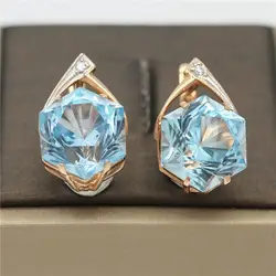 585 Purple Gold Plated 14K Rose Gold Inlaid Geometric Light Sapphire Earrings for Women Luxury Wedding Party High Jewelry