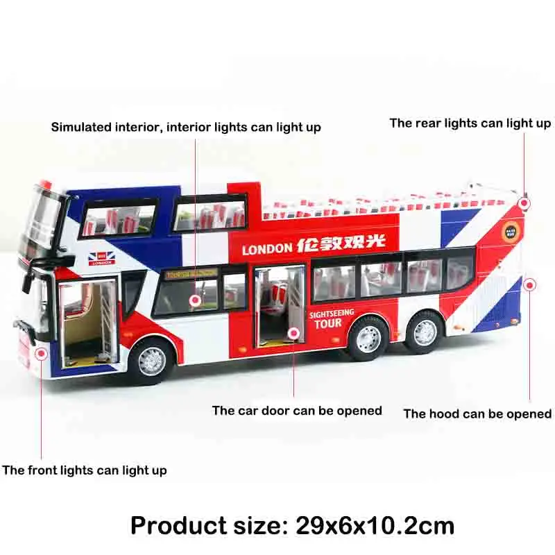 Schaal 1:42 HongKong London Sightseeing speelgoedbus, stadsdubbeldekker metalen modelauto terugtrekkend geluids- en lichtcollectie voor jongens