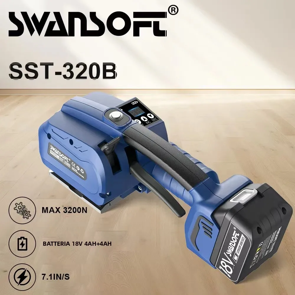 SWANSOFT SST-320B, strumento elettrico per l’applicazione di fascette, compatibile con fascette in PP/PET da 13 a 16 mm, dotato di display digitale – strumento automatico a batteria con 2 batterie da