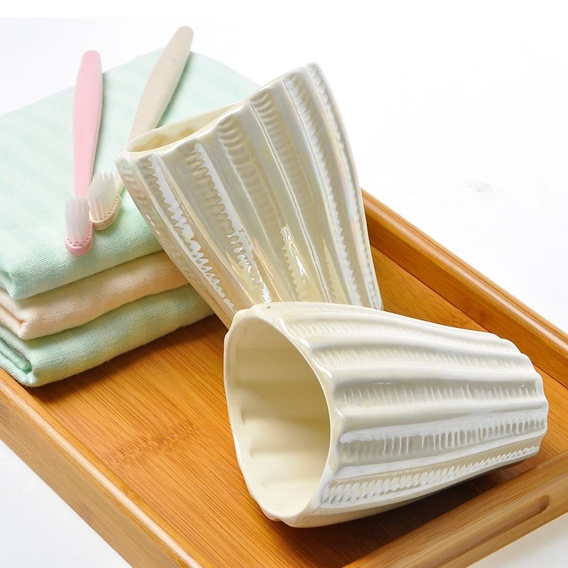 Ceramic bathroom five-piece set with bamboo tray European supplies tooth brush holder Pearl Wash