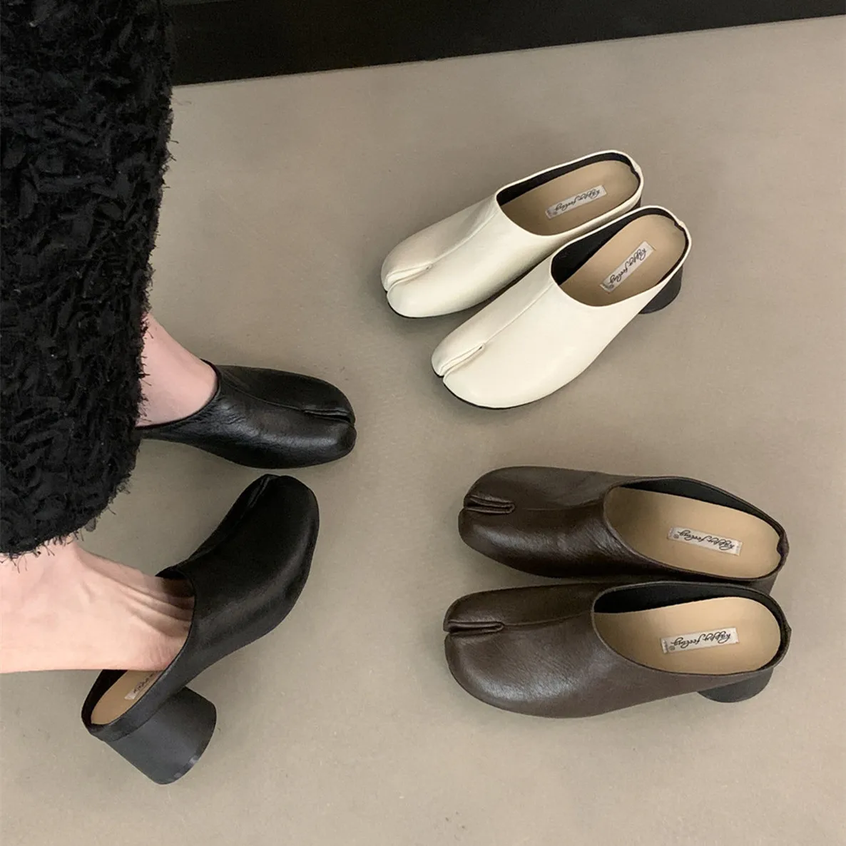 Bailamos Spring Women Split Toe Shoes Fashion Hight Heel Laofers Shallow Soft Leather Pumps Casual Outdoor Slippers Dress Mules
