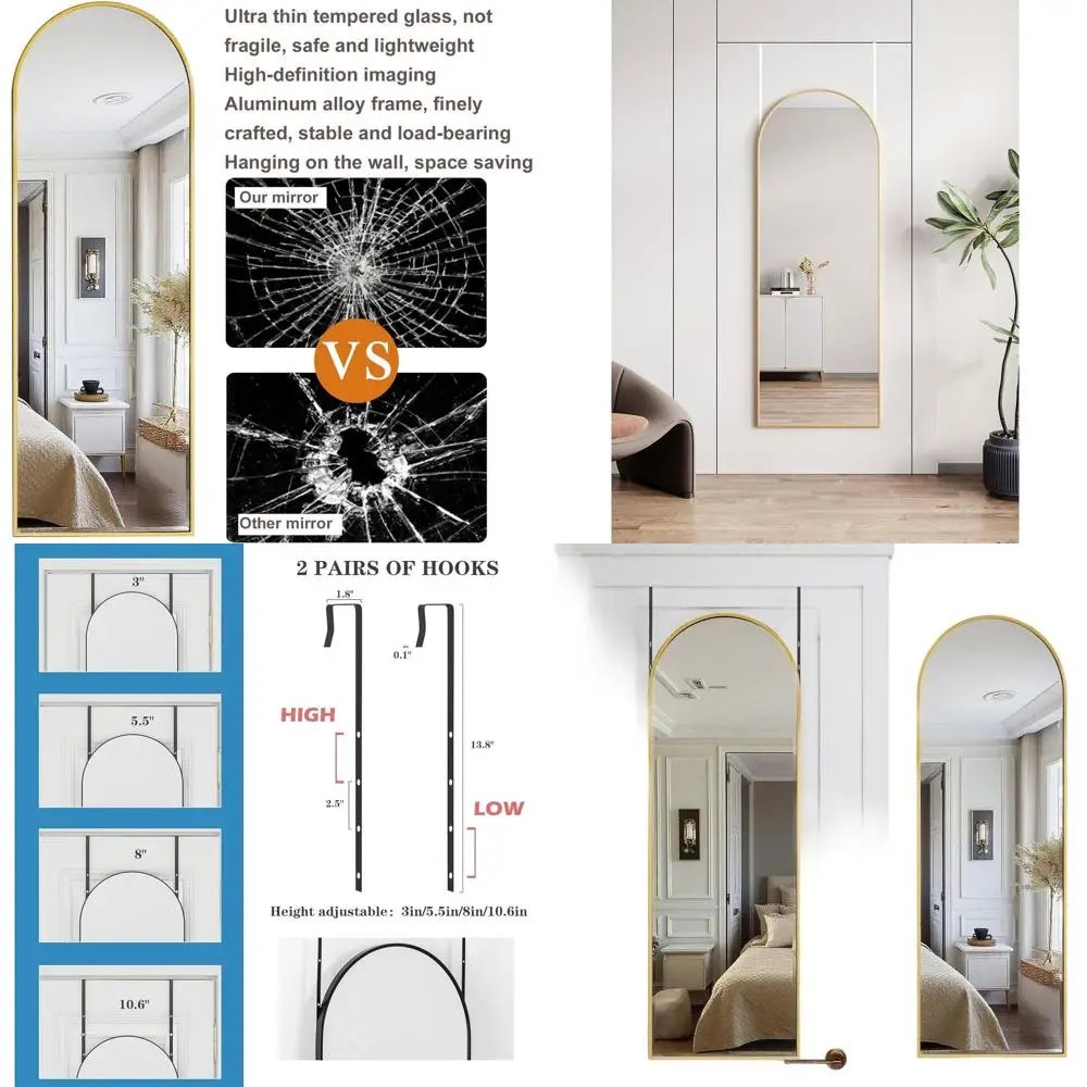 

50x16 Arched Hanging Mirror for Bedroom, Dorm, or Entryway with Adjustable Height - Gold