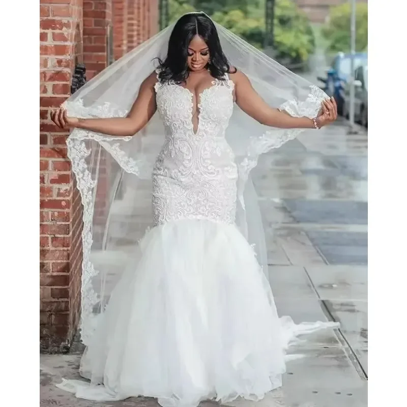Vestidos de casamento de sereia africana de renda personalizada plus size sem costas tribunal trem tule apliques vestidos de noiva sexy