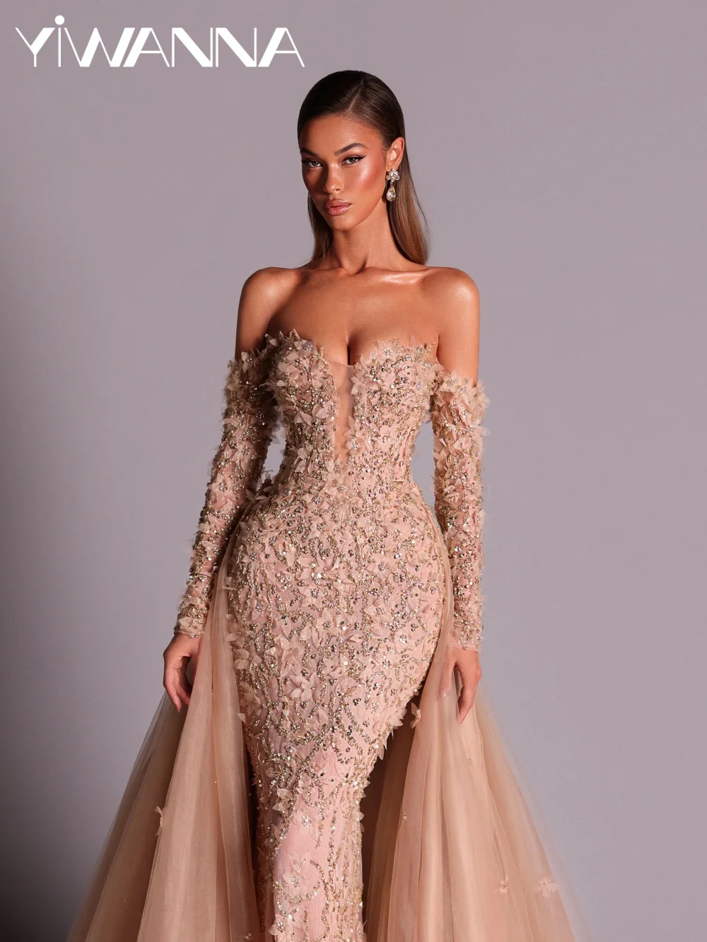 Oszałamiająca suknia wieczorowa z kryształowymi kwiatami 3D, z odpinaną spódnicą, odkryte ramiona, suknia na wesele, szyta na miarę, długa do podłogi, suknia na studniówkę.