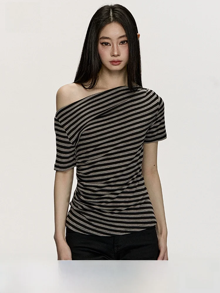 

Anna Aneae Women's Slim Fit Striped Long Sve T-irt oulder Bared Two-Way Wear High Street Sle Breathable Sweat Absorbent