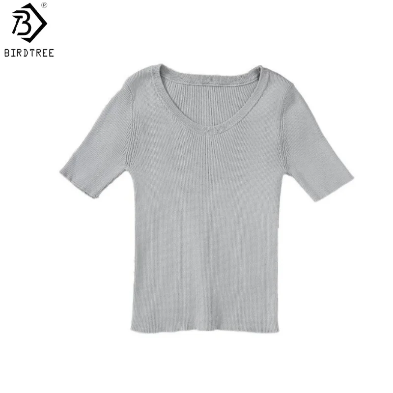 

Футболка Birdtree, 30% шелк, 70% хлопок, однотонная, с круглым вырезом, женская, с коротким рукавом, вязаная, весна 2026, T61921JF
