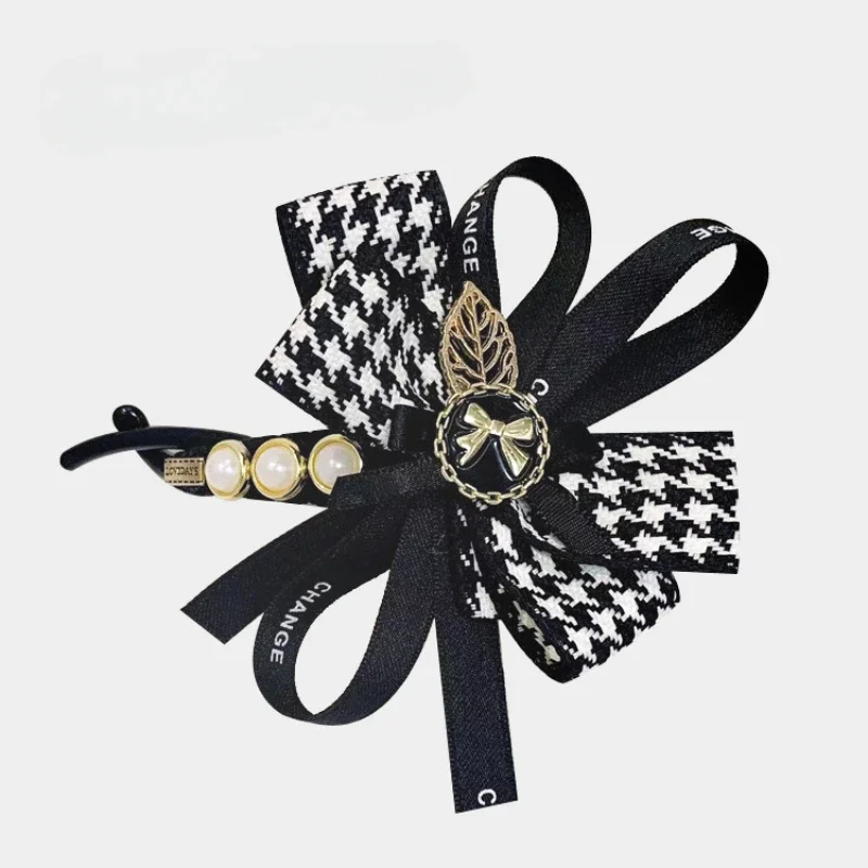 Korean Elegant Banana Hair Clips with Houndstooth Bows for Women Chic Trendy Floral Accessories