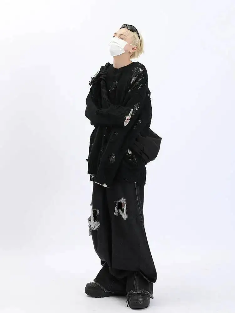 Man Sweater Distressed Hollow Out Reversible Knit Jacket For Men Subculture Style Heavy Duty Lazy Style Two Piece Sweater