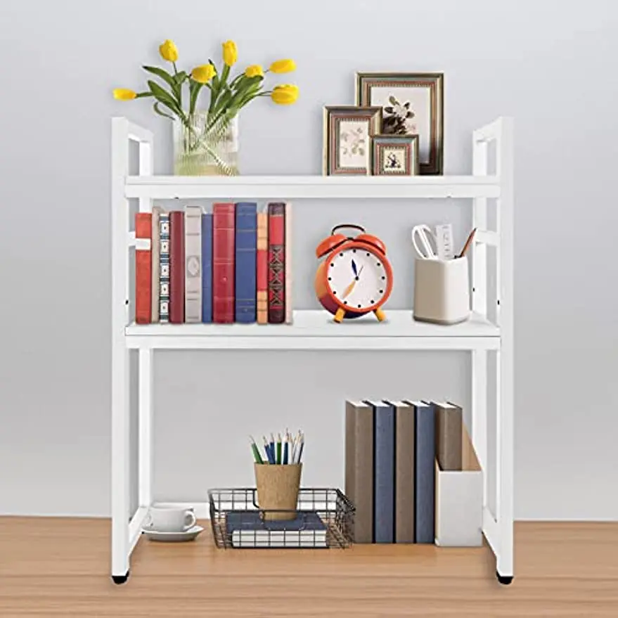 

2-Tier Adjustable Bookcase White Multipurpose Countertop Hutch Display Shelf Book Shelf Unit,Modern Rack Organizer