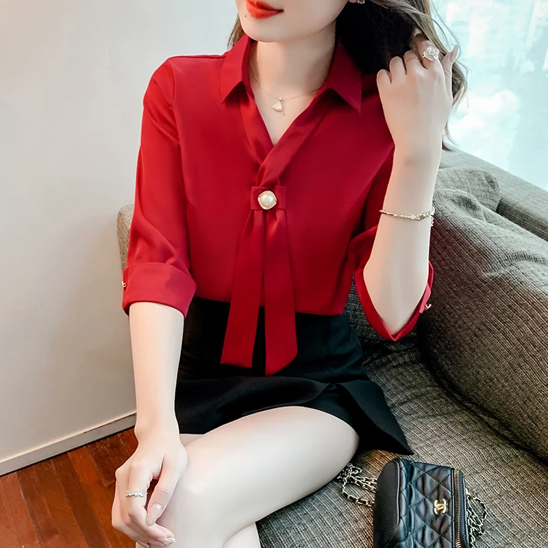 Spring Bow V-neck White Blouse Fashion Solid Red Tops Casual Half Sleeve Chiffon Shirt Temperament Clothes Blusas De Mujer 19240