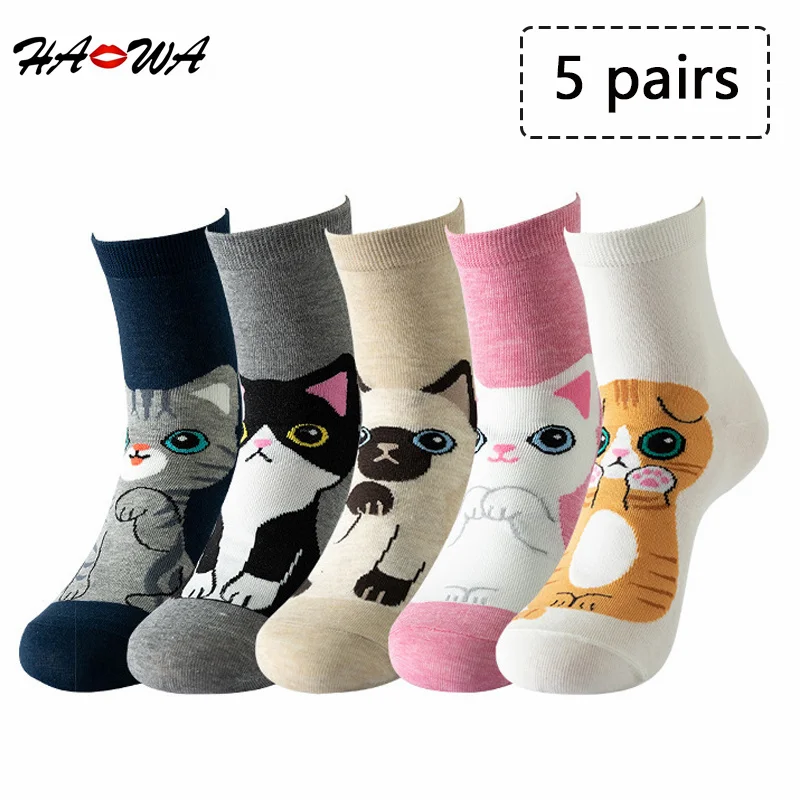 

HA WA 5Pairs/Lot New Cotton Socks Autumn Winter Cute Cartoon Cat Mid-tube Breathable Sweat Absorption Sports Women Sock