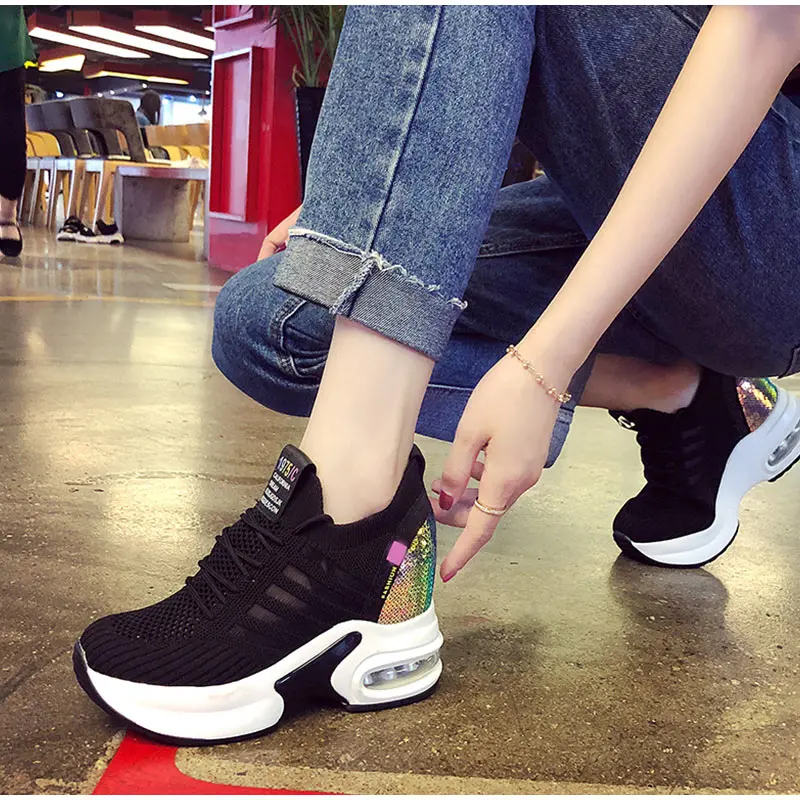 Ladies Sneakers Spring Sequin Casual Women\'s Platform High Heels Wedge Heel Heightening Knitted Ladies Vulcanized Shoes 2023