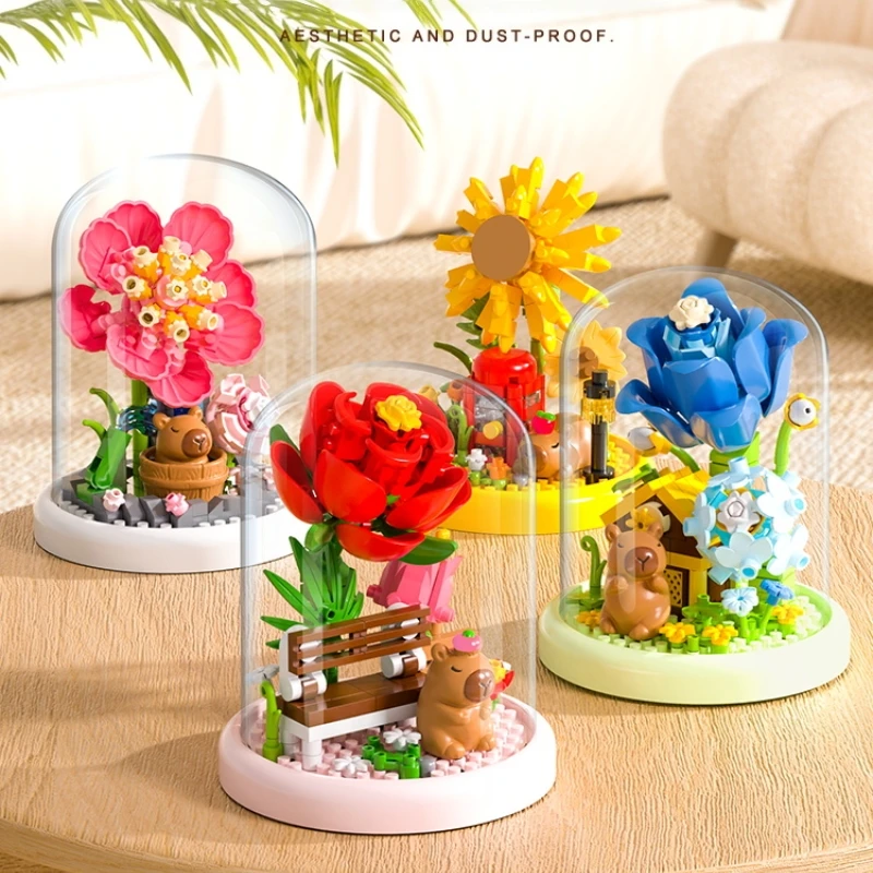 Capibala Landscaping Building Blocks Home Ornaments Small Granule Assembling Toys Sunflower Tulip Rose Eternal Flower Model Gift