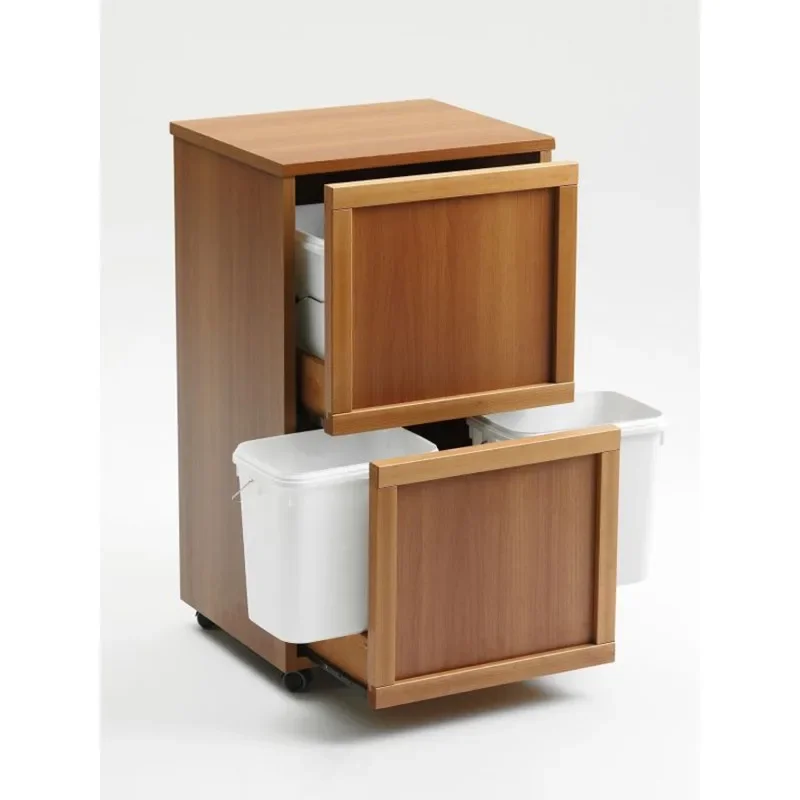 Wooden double-layer sorted garbage can, 4 inner buckets, kitchen waste buckets, simple paper basket storage buckets