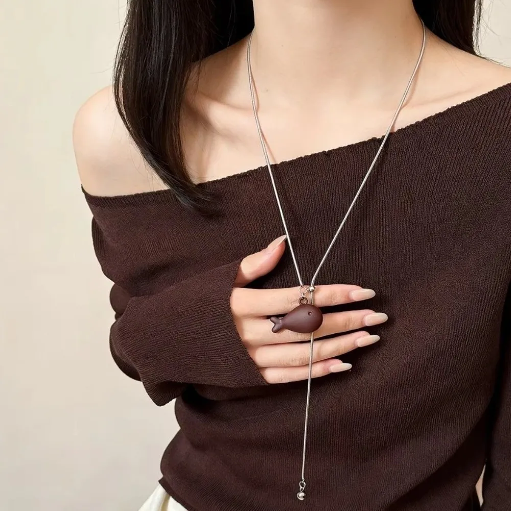 Elegant Pull-out Fish Pendant Necklace Golden Non Fading Adjustable Sweater Chain Metal Silver Charm Jewelry Accessory Gift