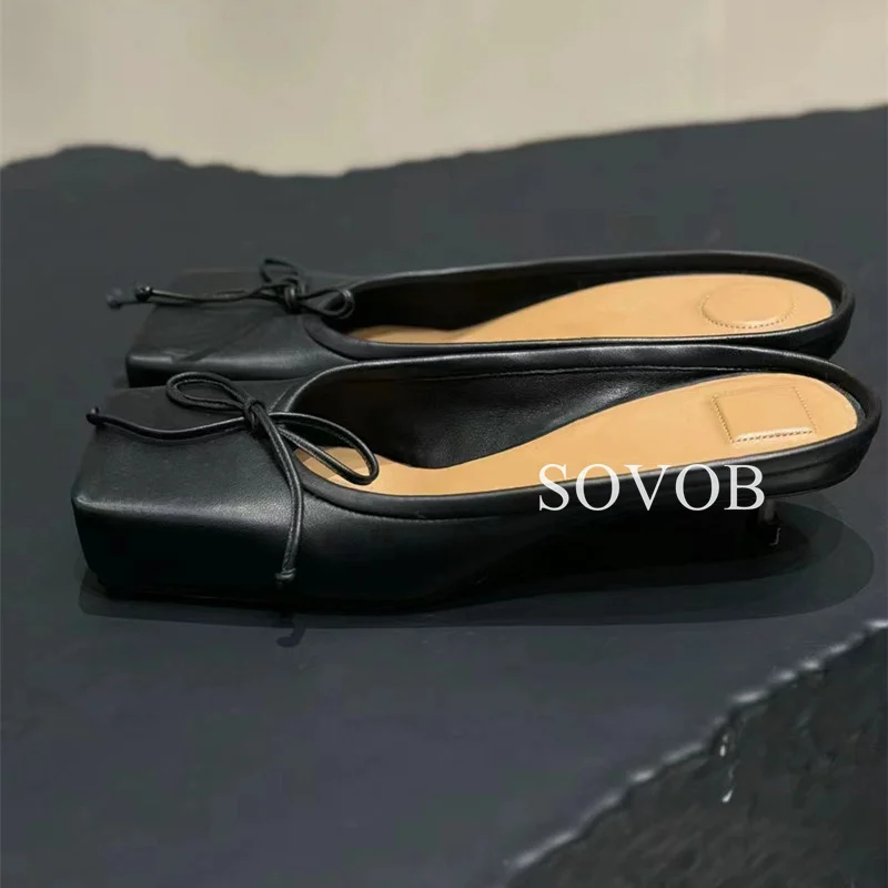 New Summer Bow Decoration Kitten Heel Slippers Women's Solid Color Square Toe Sweet Wind Shallow Mouth Slippers Lazy Mules 2024