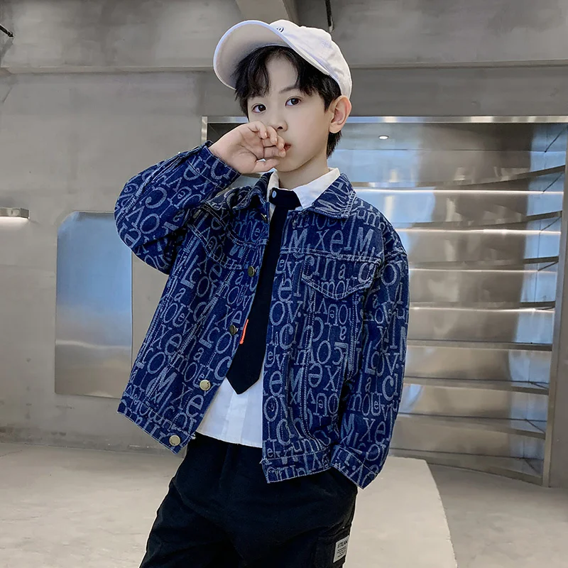 Cowboy Fashion Denim Jacket With Letter Print For Teen Boys Casual Denin Coat Outfit Kids Child New Spring Clothing Outerwear