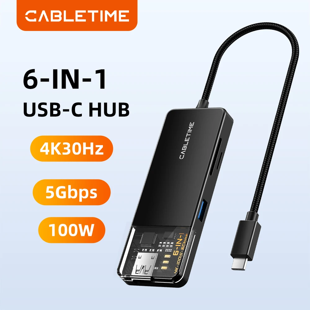 

CABLETIME USB-C хаб 6-в-1 с HDMI 4K 30 Гц, PD 100 Вт, USB 3.0 5 Гбит/с, SD/TF для MacBook Pro и ноутбуков с Type-C