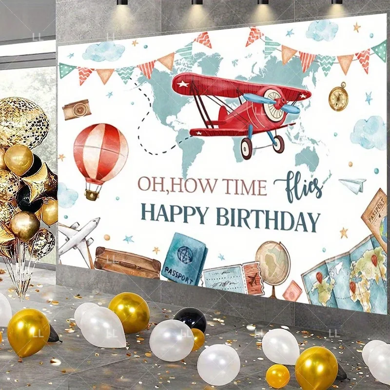 Airplane Travel Adventure Awaits Backdrop Boy Birthday Party Decoration World Map Cloud Photography Background Baby Shower Prop
