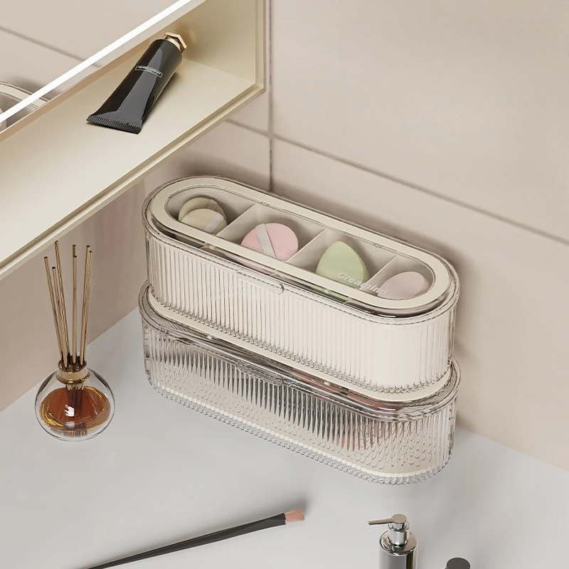 Transparent Cosmetic Brush Organizer with Lid Dustproof Dresser Organizer Large Capacity Powder Puff Beauty Box
