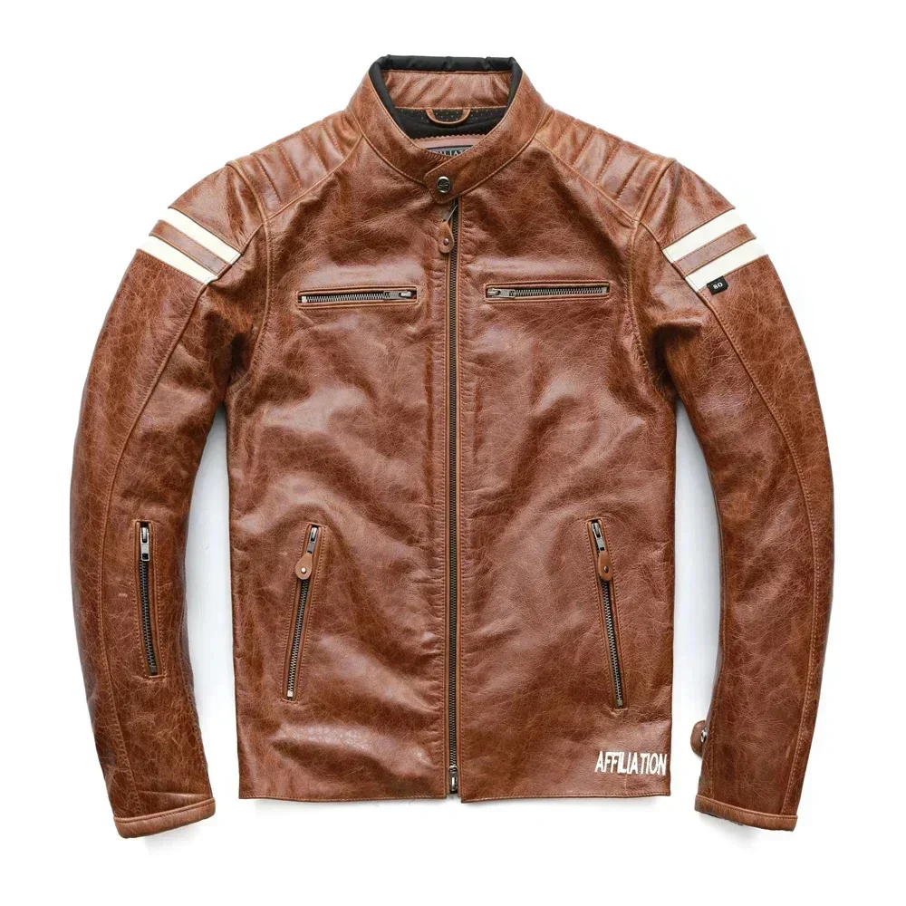 Motorcycle Leather Jacket Men 100% Genuine Cowhide Natrual Skin Coat Slim Fit Bomber Biker Autumn M218