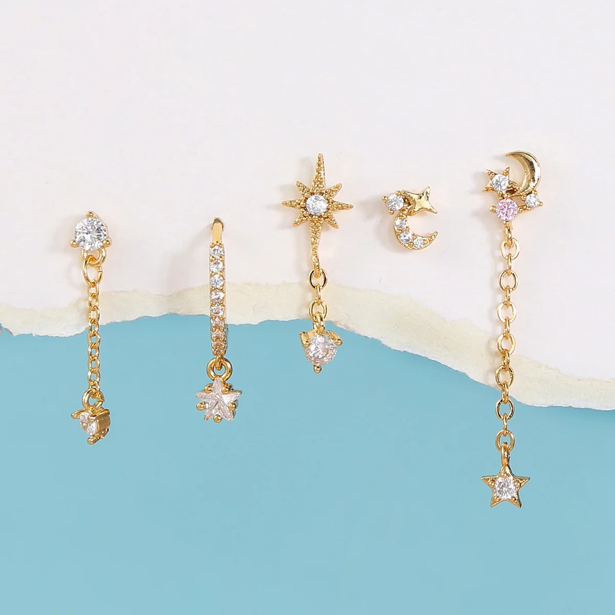 

5pcs/Set Fashion Jewelry Vintage Luxury Star Moon Zircon Earrings For Women Girls Delicate Small Long Tassel Stud Earrings