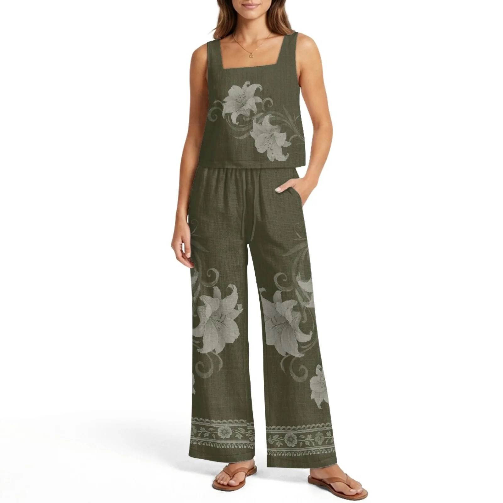INSTANTARTS Women’s Linen Vest Set Women’s Wide-leg Trousers Lightweight Breathable Soft Comfortable Quick-dry Outfits Flower view 4