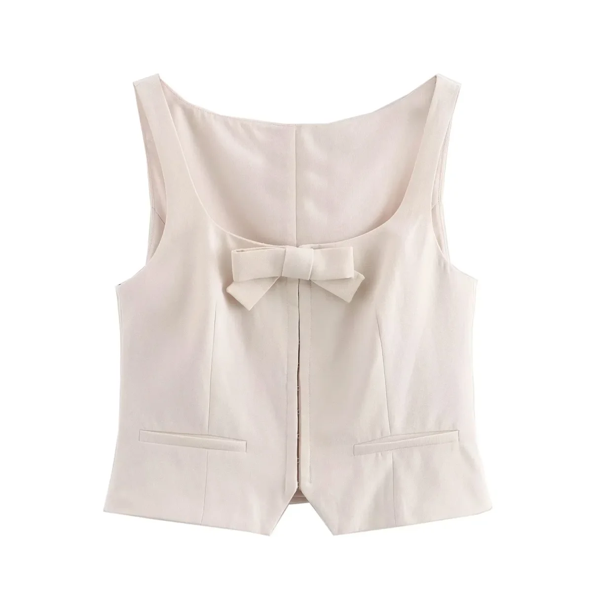 

TRAFZA 2024 Woman's Streetwear Top Solid Square Collar Sleeveless Bow Decorate Single-Breasted Summer Short Tops Woman Trendy