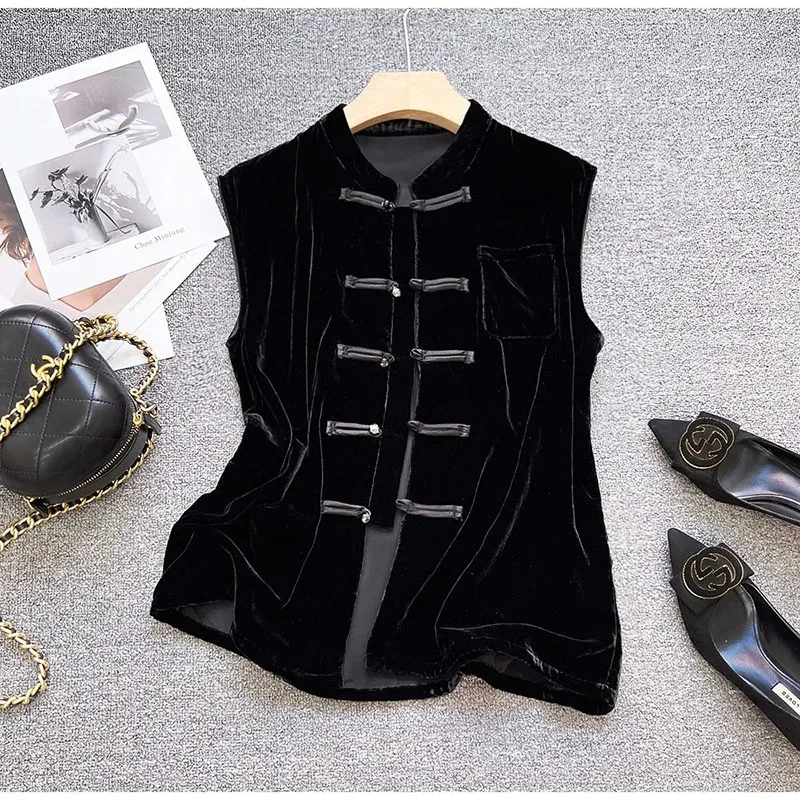 

Новая модная женская жилетка в стиле ретро с пряжкой, круглым вырезом, из золотистого бархата, без рукавов, универсальная, повседневная, женский топ